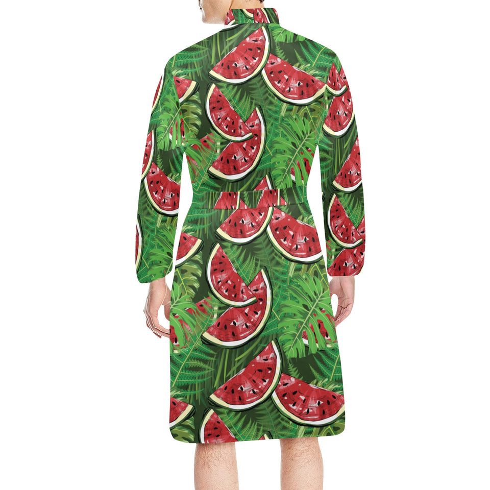 Watermelons tropical palm leaves pattern backgroun Men's Long Sleeve Belted Night Robe