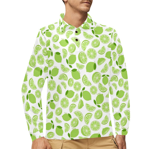 Lime design pattern Men's Long Sleeve Polo Shirt
