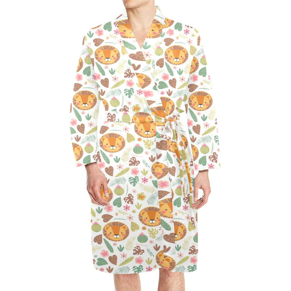 Lion Pattern Print Design 04 Men's Long Sleeve Belted Night Robe