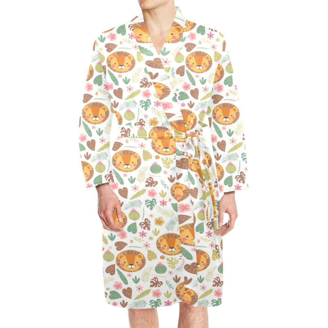 Lion Pattern Print Design 04 Men's Long Sleeve Belted Night Robe