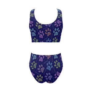 Dog Paws Pattern Print Design 02 Chest Bowknot High Waisted Bikini Swimsuit