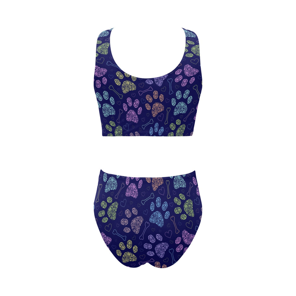 Dog Paws Pattern Print Design 02 Chest Bowknot High Waisted Bikini Swimsuit