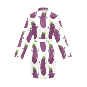Eggplant Pattern Print Design 01 Women's Long Sleeve Belted Night Robe