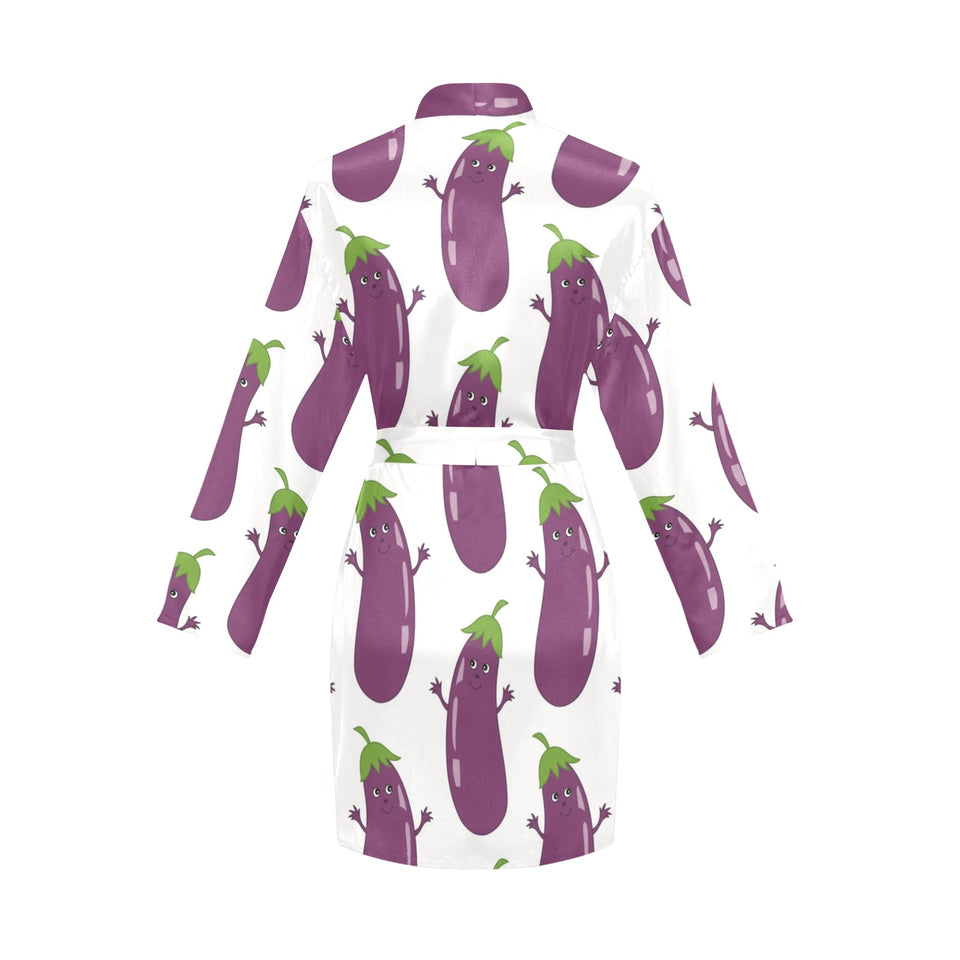 Eggplant Pattern Print Design 01 Women's Long Sleeve Belted Night Robe