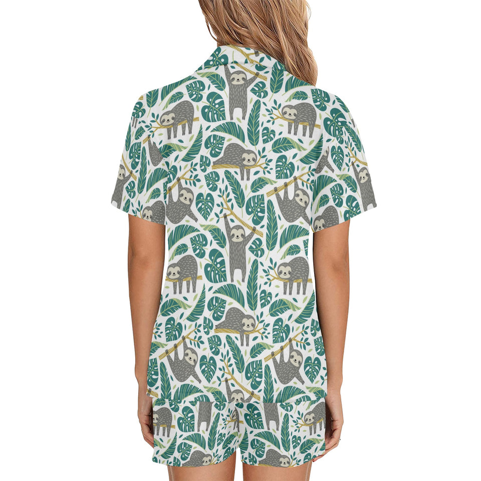 Cute sloths tropical palm leaves white background Women's V-Neck Short Pajama Set