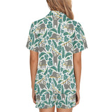 Cute sloths tropical palm leaves white background Women's V-Neck Short Pajama Set