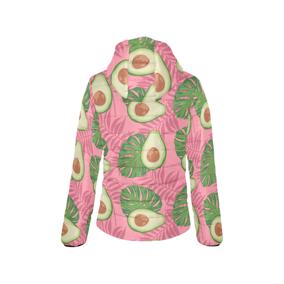 Avocado slices leaves pink back ground Women's Padded Hooded Jacket