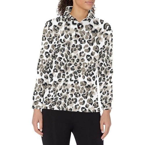 Leopard skin print pattern Women's Long Sleeve Polo Shirt