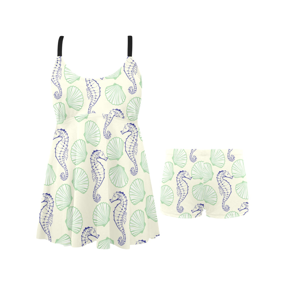 Seahorse shell pattern Chest Sexy Pleated Two Piece Swim Dress