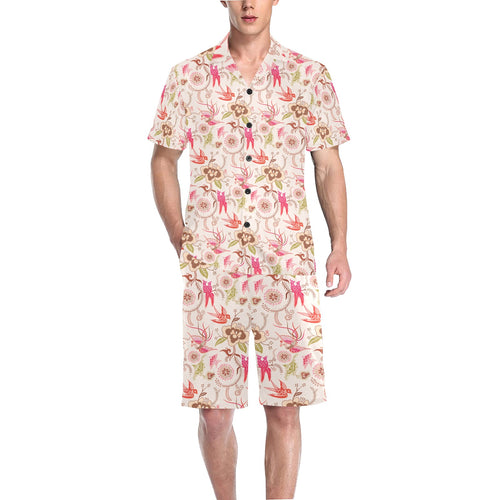 Swallow Pattern Print Design 01 Men's V-Neck Short Pajama Set