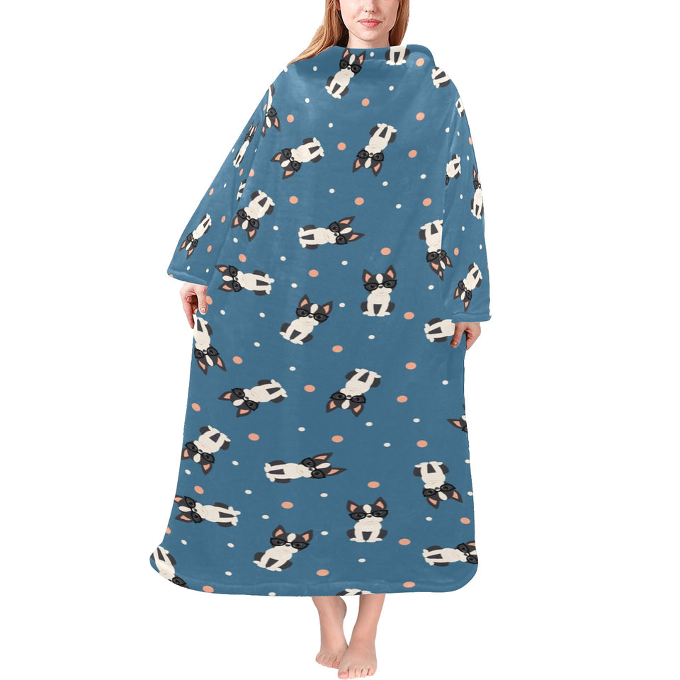 Cute boston terrier dog spattern Blanket Robe with Sleeves