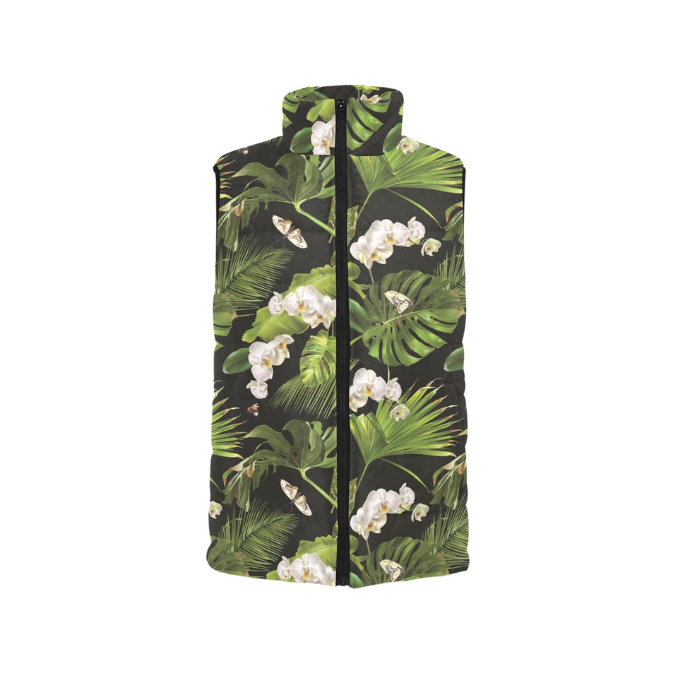 White orchid flower tropical leaves pattern blackg Women's Padded Vest