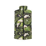 White orchid flower tropical leaves pattern blackg Women's Padded Vest