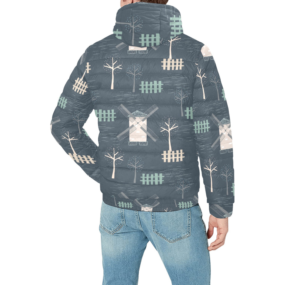 windmill tree pattern Men's Padded Hooded Jacket