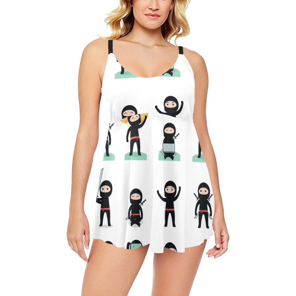 Cute ninja katana sword pattern Chest Sexy Pleated Two Piece Swim Dress