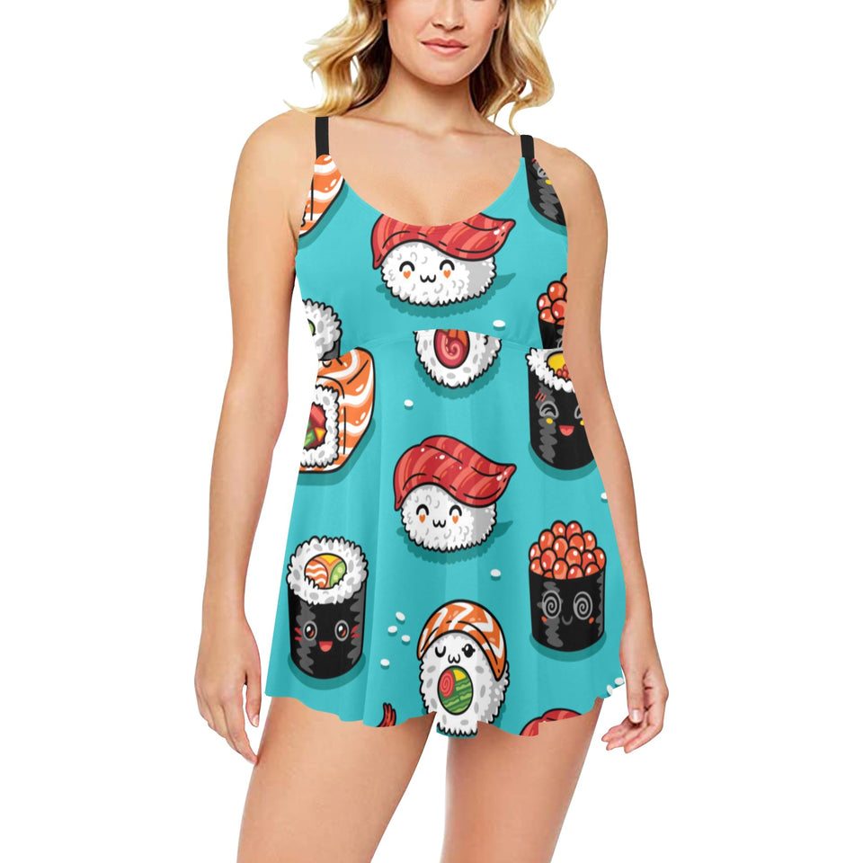 Cute sushi pattern Chest Sexy Pleated Two Piece Swim Dress