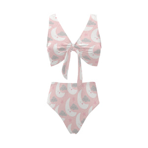 Cute moon cloud star pattern pink dot background Chest Bowknot High Waisted Bikini Swimsuit