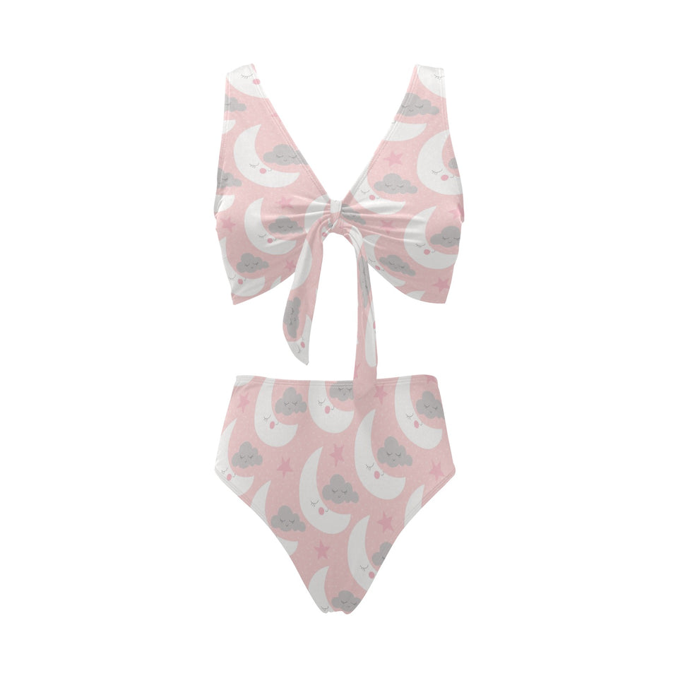 Cute moon cloud star pattern pink dot background Chest Bowknot High Waisted Bikini Swimsuit