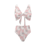 Cute moon cloud star pattern pink dot background Chest Bowknot High Waisted Bikini Swimsuit
