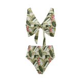 heliconia pattern Chest Bowknot High Waisted Bikini Swimsuit