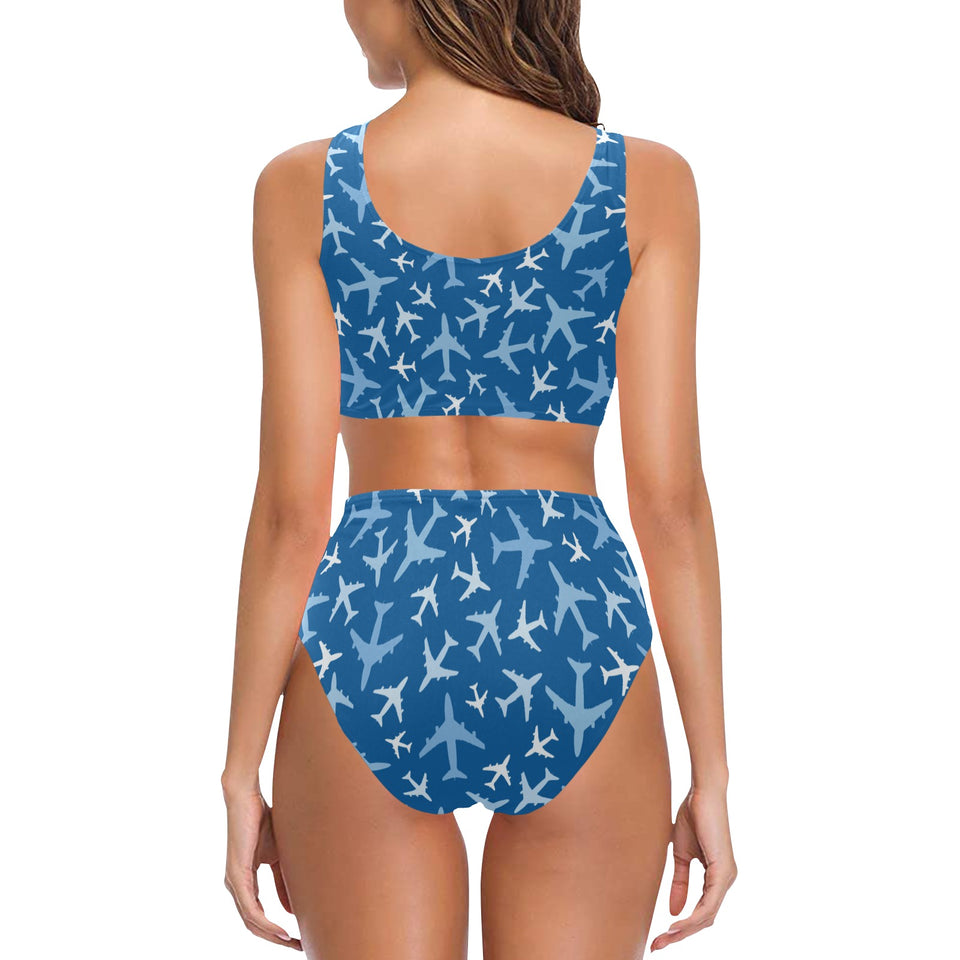 Airplane pattern in the sky Chest Bowknot High Waisted Bikini Swimsuit