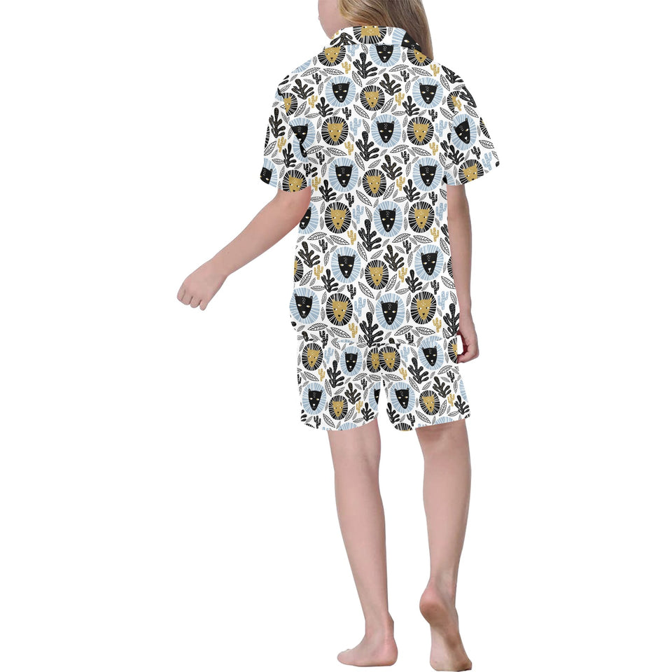 Lion Pattern Print Design 05 Kids' Boys' Girls' V-Neck Short Pajama Set