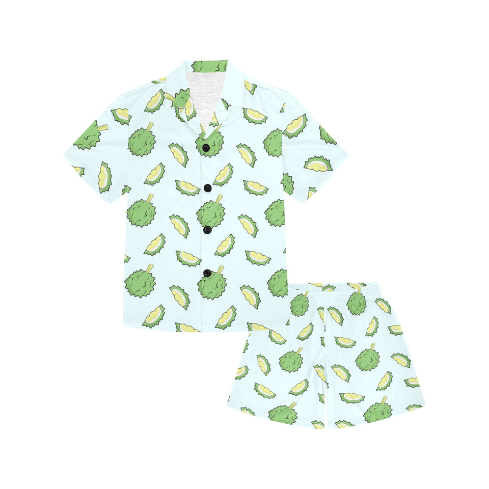 Durian pattern blue background Kids' Boys' Girls' V-Neck Short Pajama Set