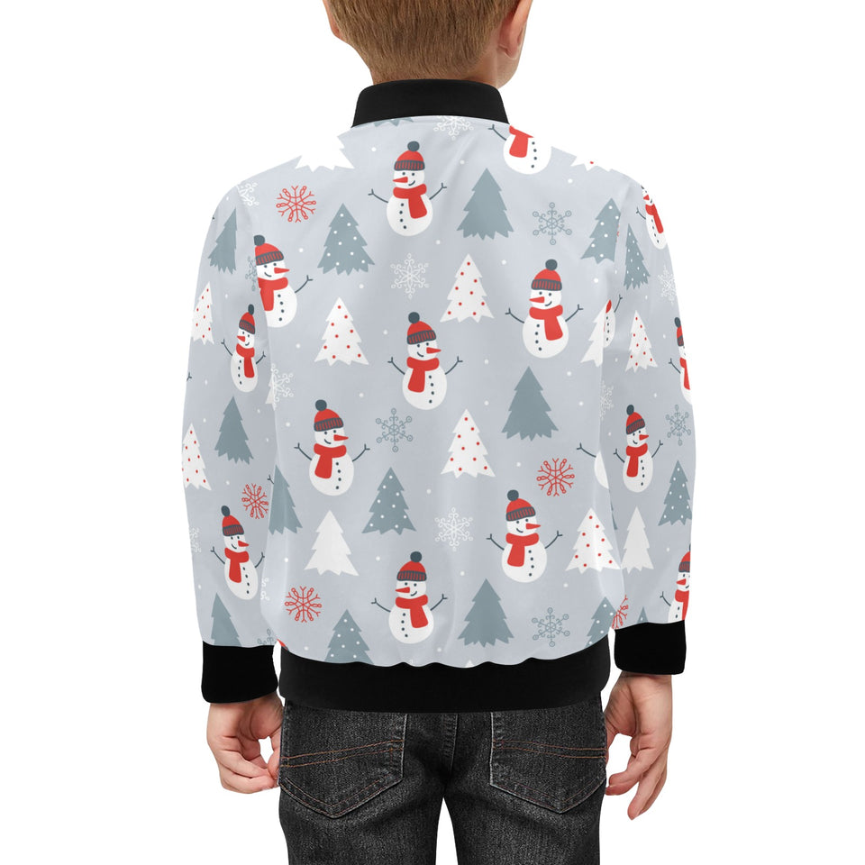 Snowman christmas tree snow gray background Kids' Boys' Girls' Bomber Jacket