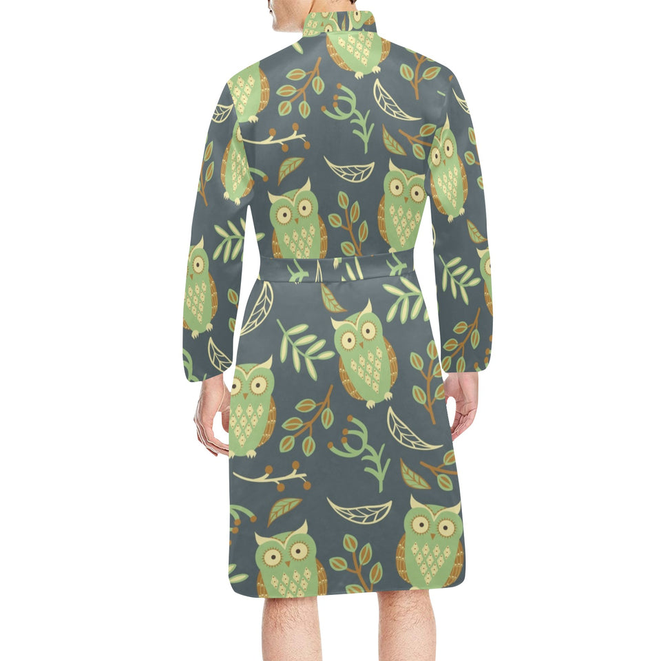 Cute owls leaves pattern Men's Long Sleeve Belted Night Robe