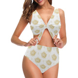 Gold Ornamental lotue waterlily symbol pattern Chest Bowknot High Waisted Bikini Swimsuit