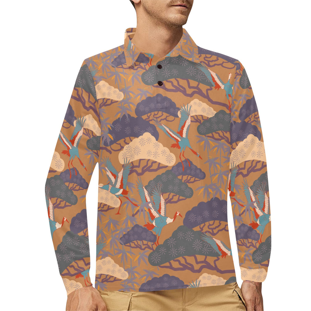 Bonsai bamboo stork japanese pattern brown theme Men's Long Sleeve Polo Shirt