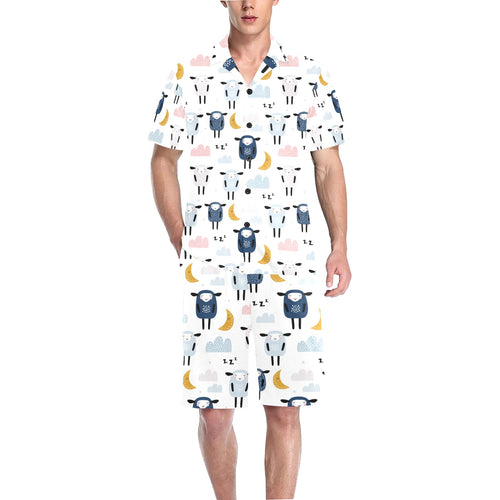 Cute sleeping sheep moon cloud pattern Men's V-Neck Short Pajama Set