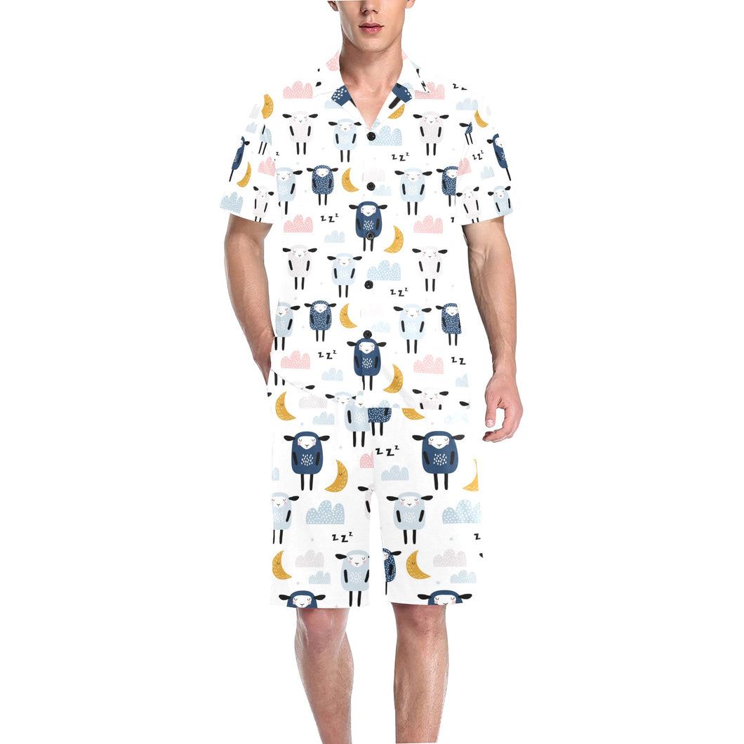 Cute sleeping sheep moon cloud pattern Men's V-Neck Short Pajama Set