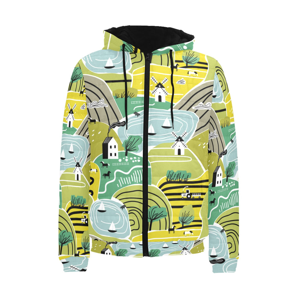Hand drawn windmill pattern Men's Padded Hooded Jacket