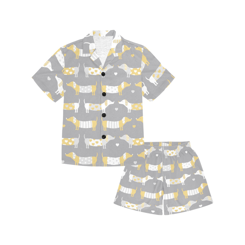 Cute dachshund dog pattern Kids' Boys' Girls' V-Neck Short Pajama Set