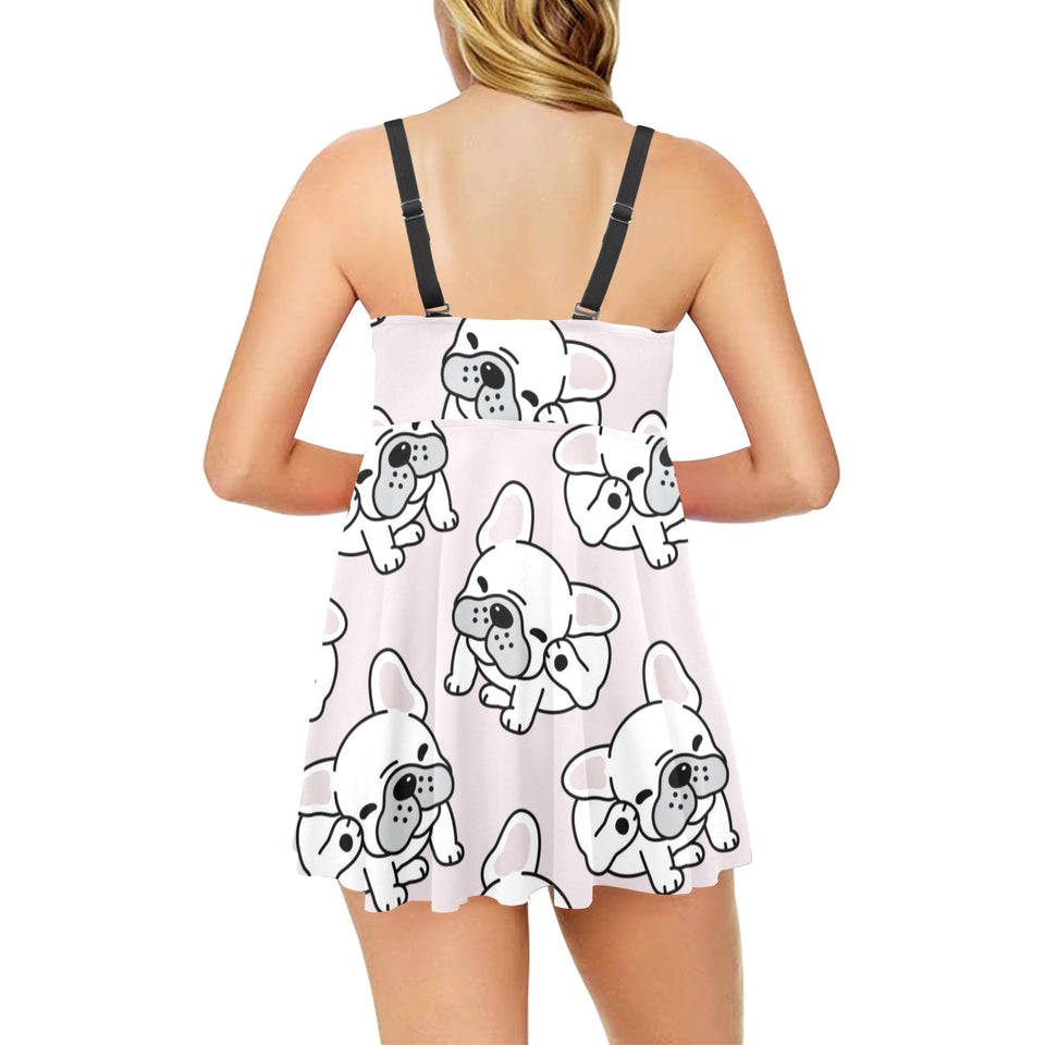Cute french bulldog pattern Chest Sexy Pleated Two Piece Swim Dress