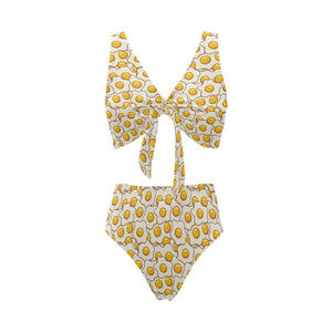 Fried Eggs Pattern Print Design 02 Chest Bowknot High Waisted Bikini Swimsuit