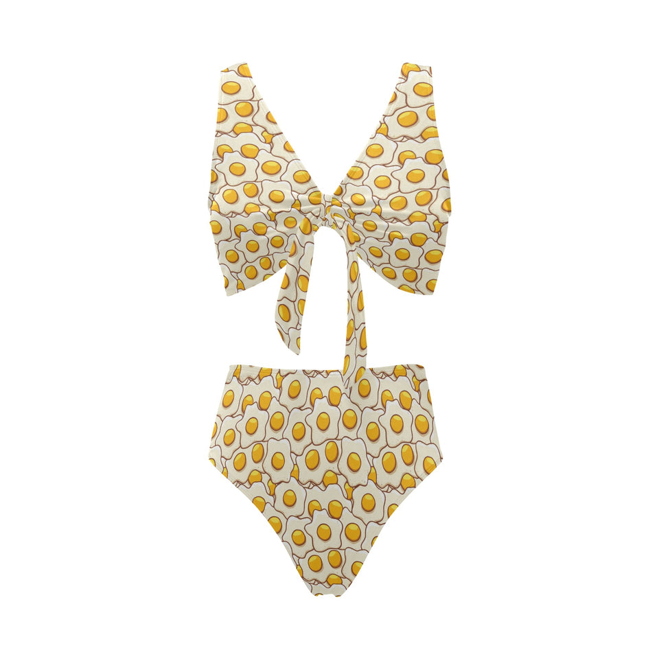 Fried Eggs Pattern Print Design 02 Chest Bowknot High Waisted Bikini Swimsuit