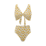 Fried Eggs Pattern Print Design 02 Chest Bowknot High Waisted Bikini Swimsuit