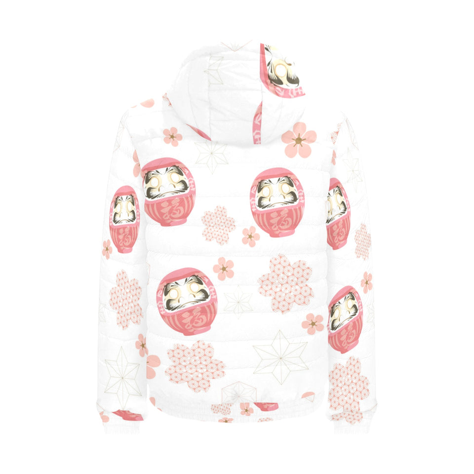 Daruma japanese wooden doll cherry blossom flower Men's Padded Hooded Jacket