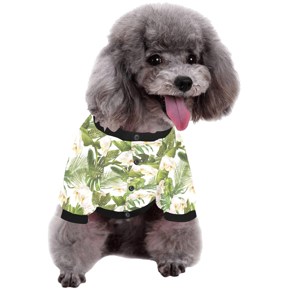White orchid flower tropical leaves pattern All Over Print Pet Dog Round Neck Fuzzy Shirt