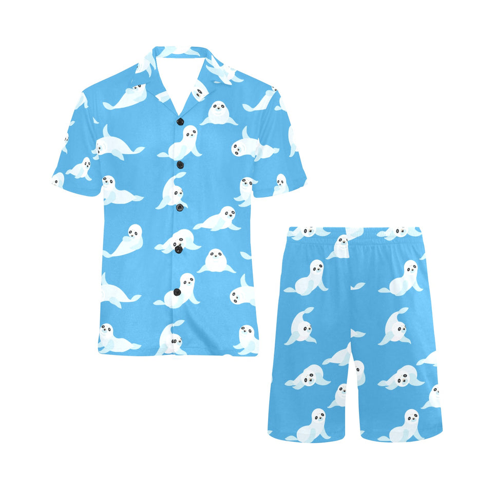 Cute sea lion seal pattern background Men's V-Neck Short Pajama Set
