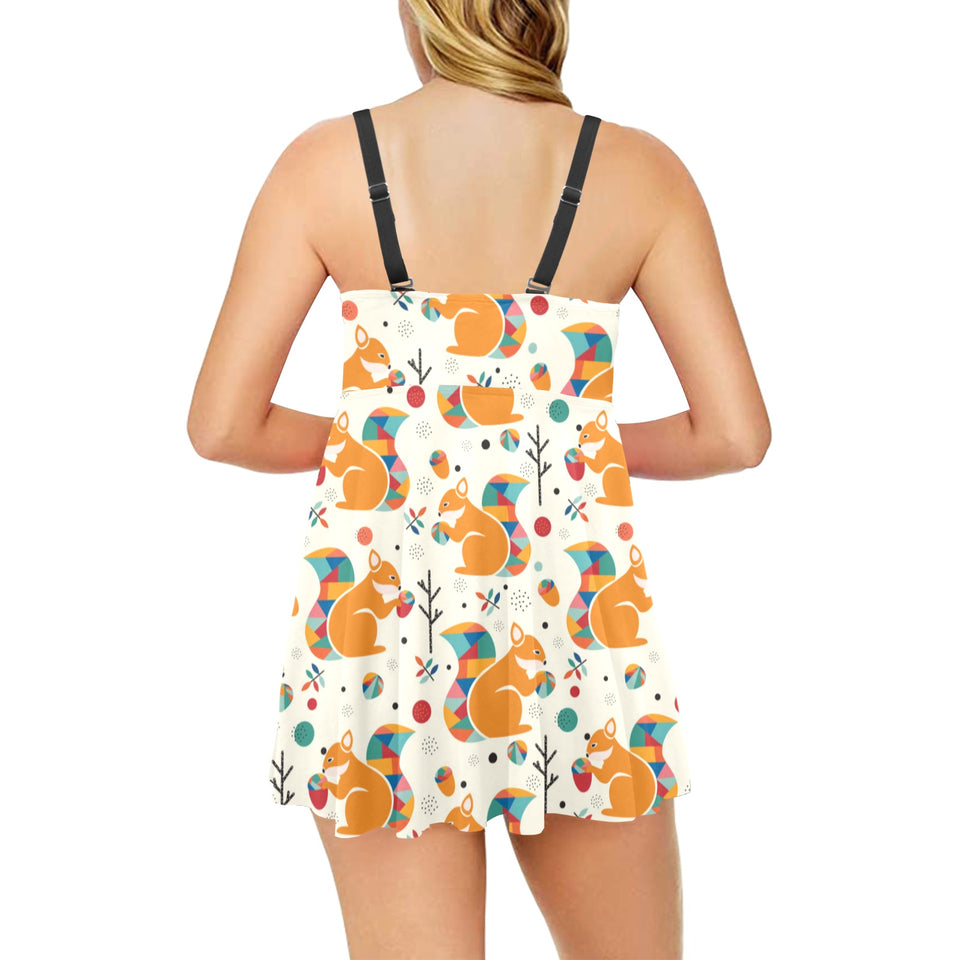Squirrel Pattern Print Design 04 Chest Sexy Pleated Two Piece Swim Dress