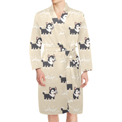 Cute Siberian Husky Men's Long Sleeve Belted Night Robe