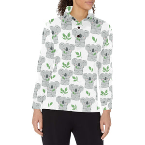 Hand drawn Koala leaves pattern Women's Long Sleeve Polo Shirt