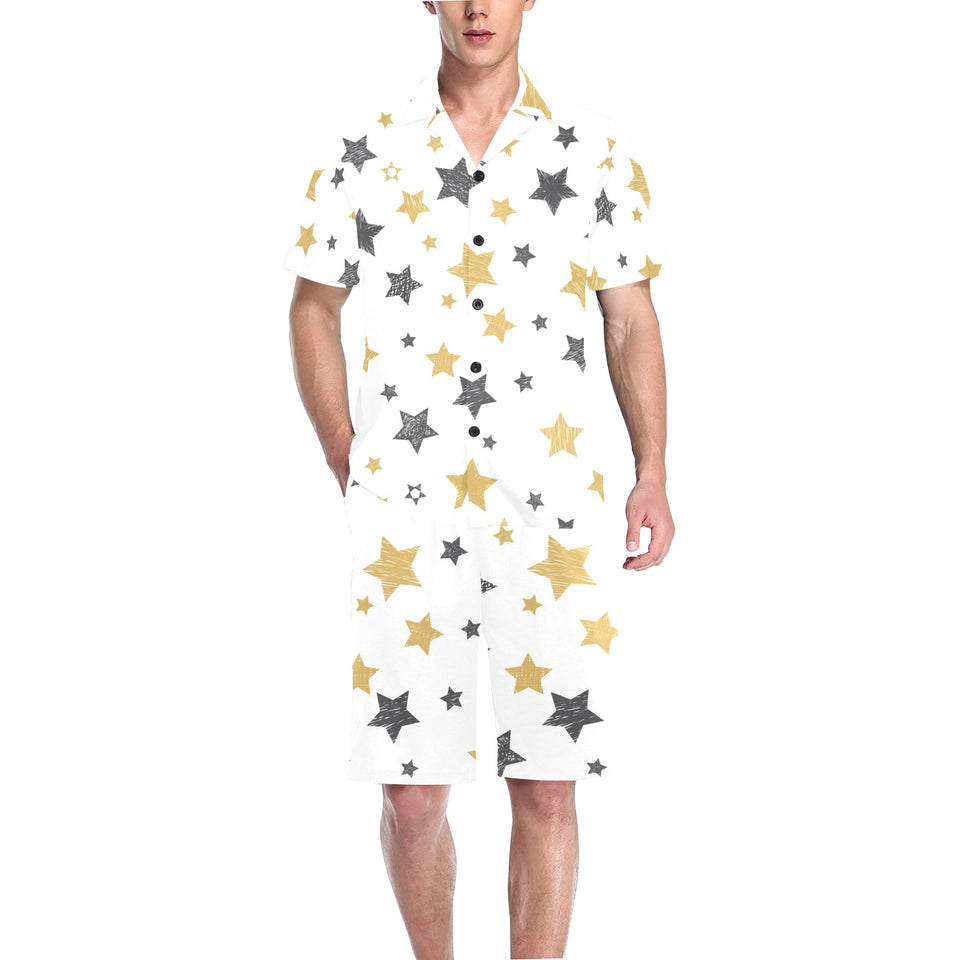hand drawn gold black star pattern Men's V-Neck Short Pajama Set