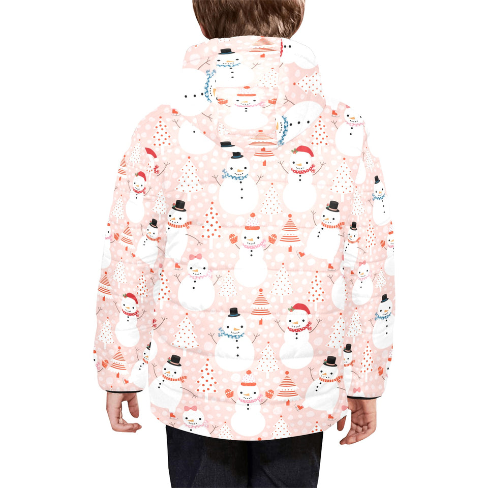 Cute snowman christmas tree snowpink background Kids' Boys' Girls' Padded Hooded Jacket