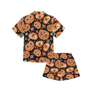 Pumpkin flowers spiderweb Halloween theme Kids' Boys' Girls' V-Neck Short Pajama Set