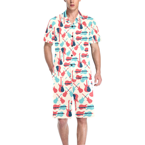 Red Blue guitar pattern Men's V-Neck Short Pajama Set