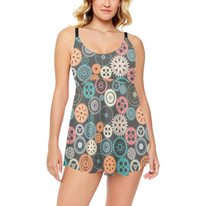 Gear Pattern Print Design 05 Chest Sexy Pleated Two Piece Swim Dress